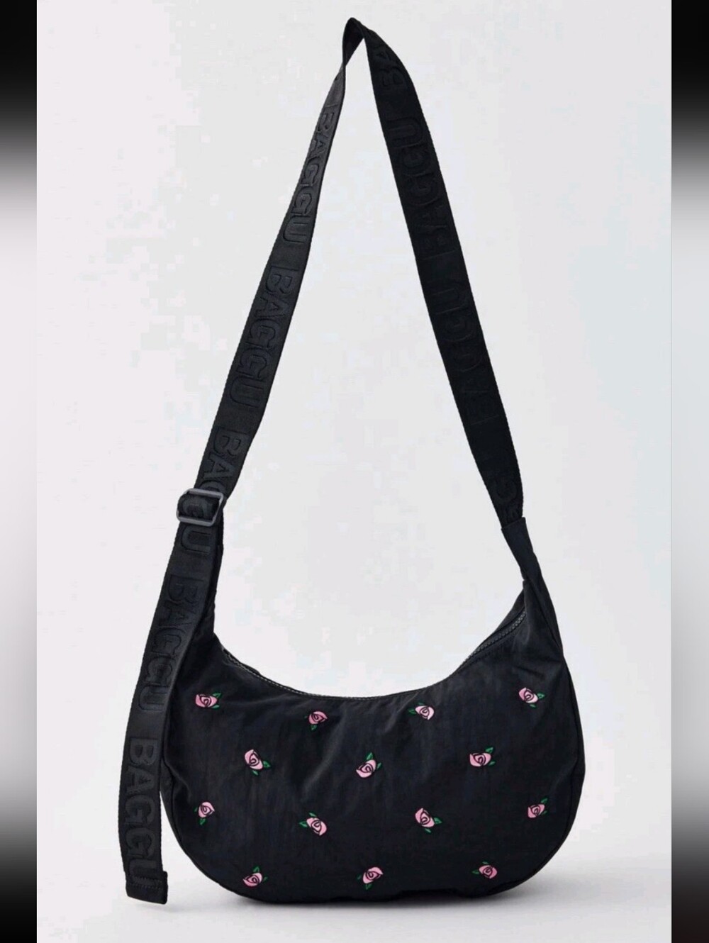 BAGGU Exclusive Rose Embroidery Medium Nylon Crescent Bag